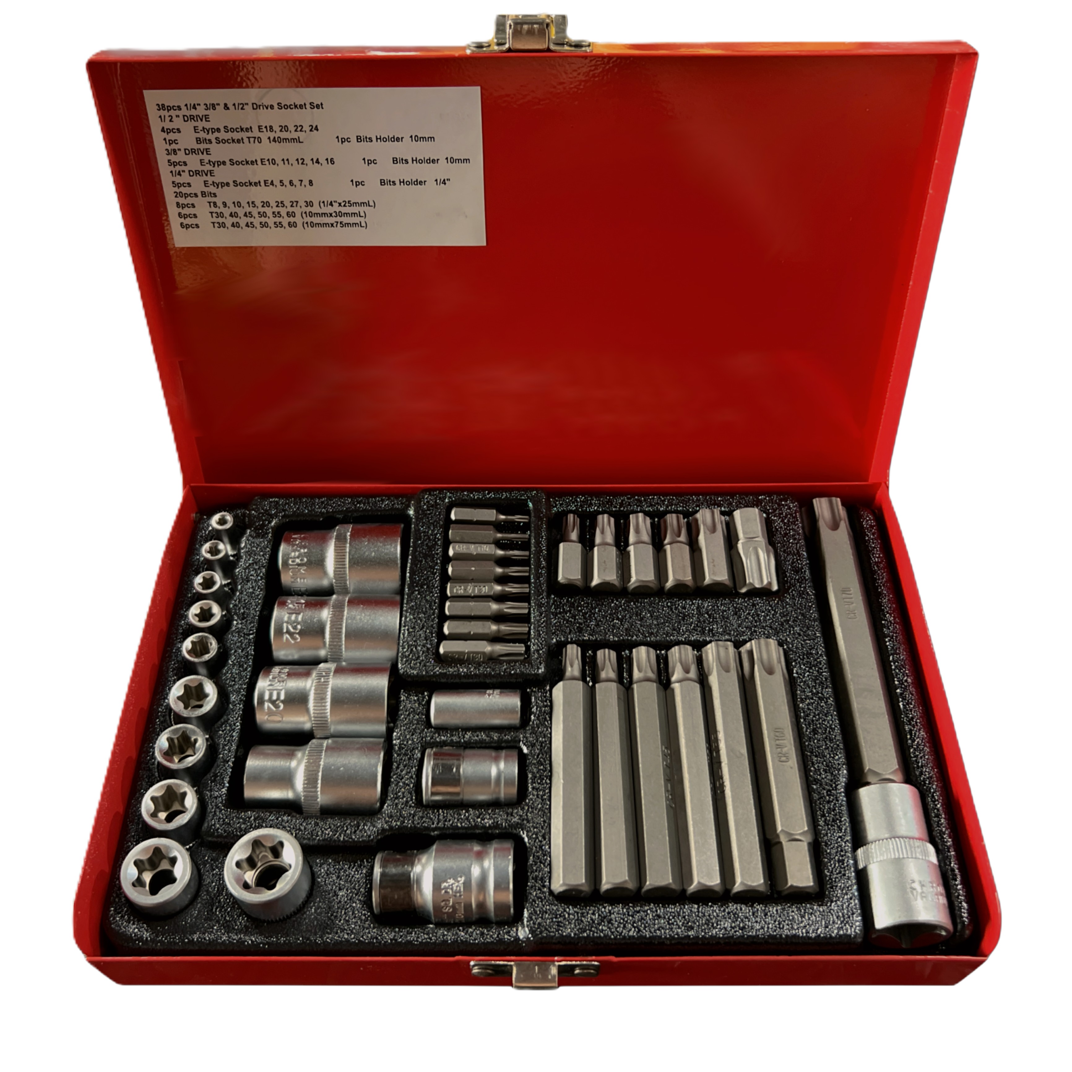 Juego de Cubos Torx/Estrella de 1/4", 3/8" y 1/2" - - 38 Pzs